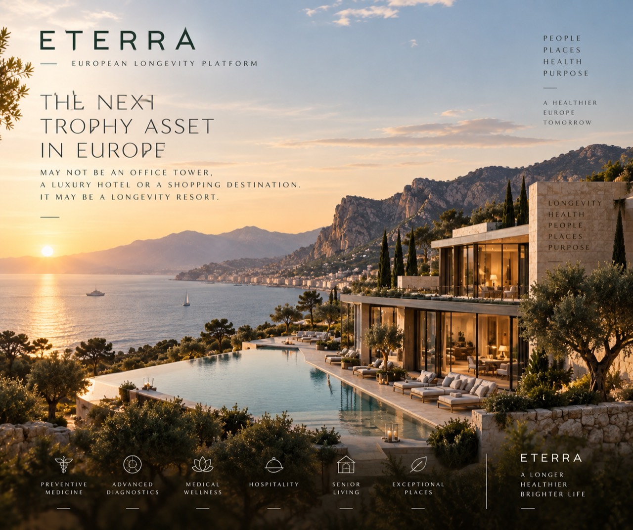 ETERRA concept rendering of a European longevity resort overlooking the Mediterranean