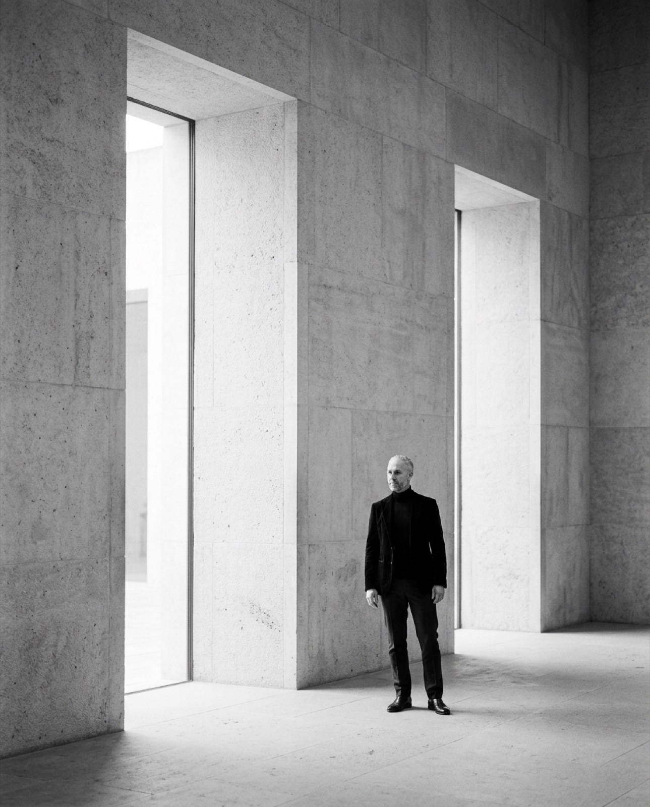 Sven Bading standing in a monumental stone gallery